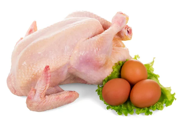 Carne Pollo Cruda Entera Lechuga Huevos Aislados Sobre Fondo Blanco — Foto de Stock