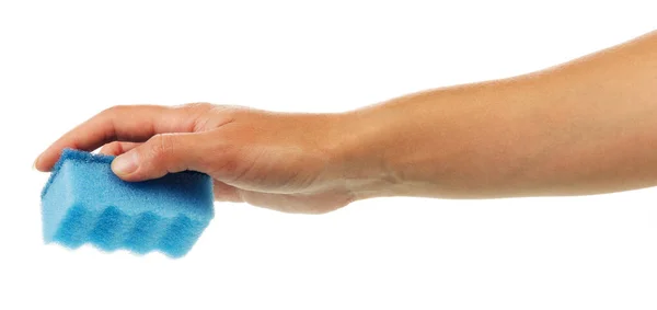 Female Hand Kitchen Sponge Isolated White Background — Stock Photo, Image