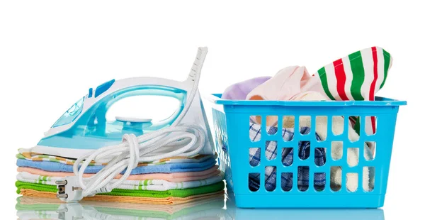 Steam Iron Pile Towels Plastic Basket Clothes Isolated White Background — Stock Photo, Image