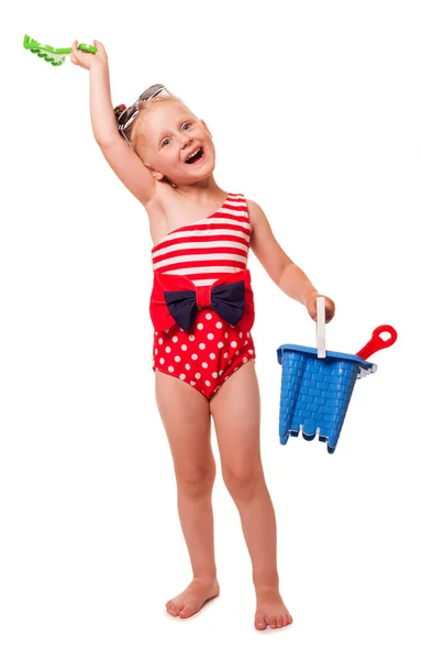 Cheerful Little Blonde Girl Bathing Suit Sunglasses Sand Toys Isolated — Stock Photo, Image