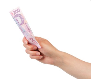 Ukrayna parası beyaz arka planda izole edilmiş bir kadın elinde 200 Hryvnia.