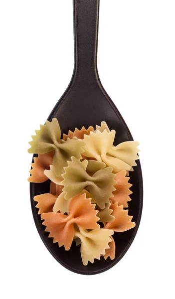 Pâtes Alimentaires Multicolores Farfalle Dans Une Cuillère Noire Isolée Sur — Photo