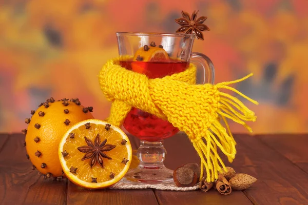 Mulled Wine Wrapped Scarf Oranges Nuts Background Autumn Leaves — Stock Photo, Image