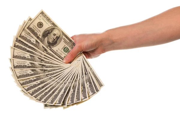 Hundred Dollar Bills Female Hand Stacked Fanned Out Isolated White — Stock Photo, Image