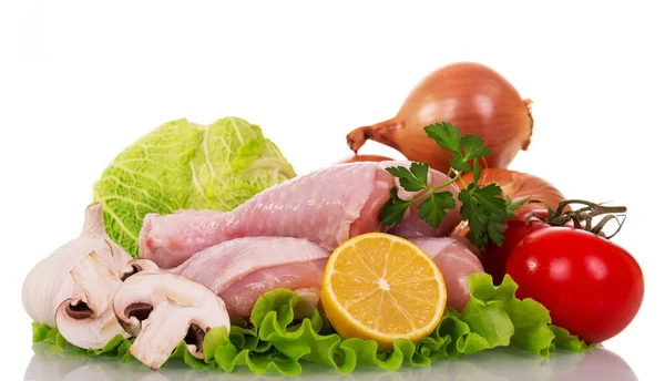 Gambe Verdure Pollo Crude Cucinare Isolate Sfondo Bianco — Foto Stock