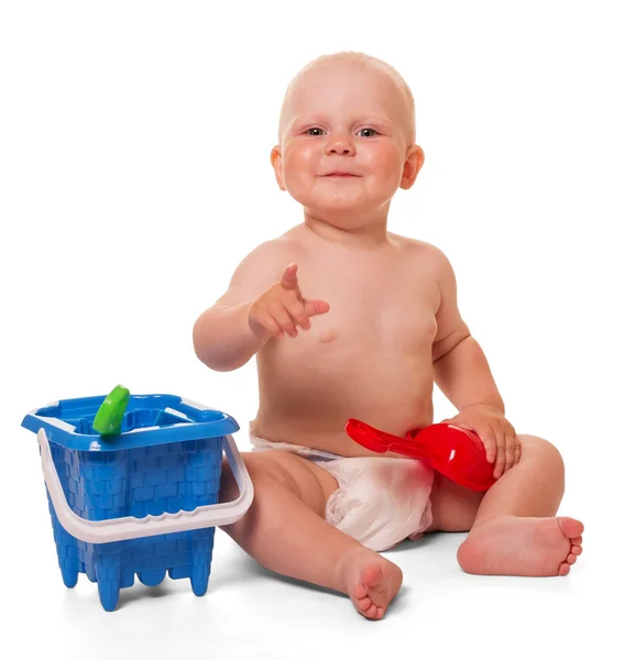 Szczęśliwy Mały Chłopiec Plastikowe Zabawki Izolowane Białym Tle — Zdjęcie stockowe