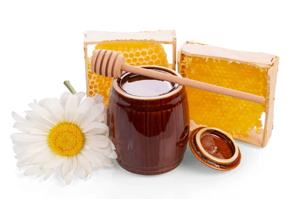 Keg Honey Honeycomb Wood Dipper Daisy Isolated White Background — Stock Photo, Image
