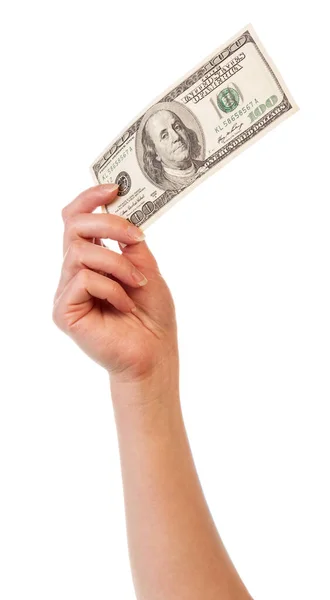 这只雌性手拿着100美元的钞票 被白色的背景隔开了 — 图库照片