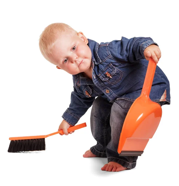 Schattig Jongetje Een Blauw Shirt Spijkerbroek Met Een Stofblik Met — Stockfoto