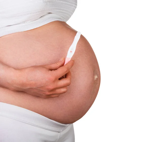 Pregnant Woman Holding Test Isolated White Background — Stock Photo, Image