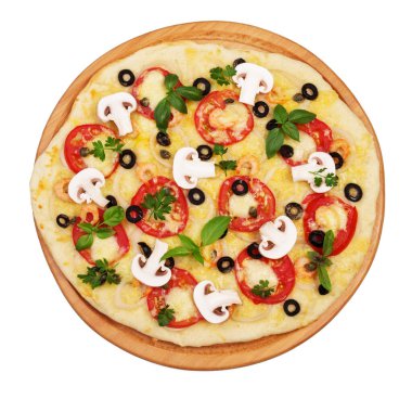 Beyaz arka planda izole edilmiş pizzalı ahşap tahta..