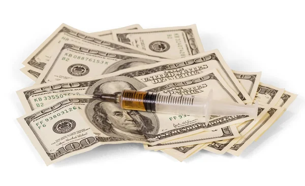 Una Jeringa Para Inyección Con Medicamentos Dólares Aislados Sobre Fondo — Foto de Stock