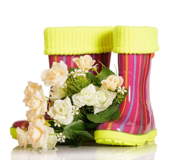 Children Rubber Boots Fabric Insert Bouquet Roses Isolated White Background — Stock Photo, Image