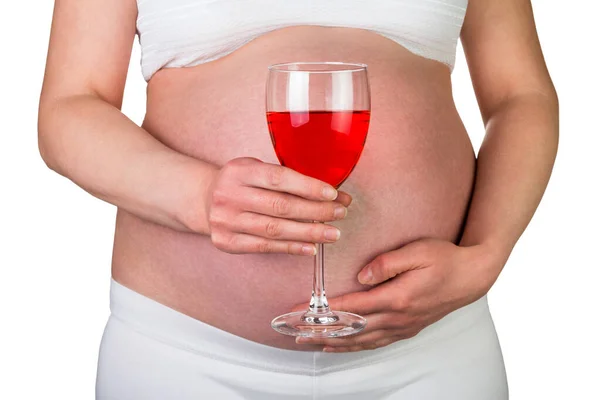 Těhotná Žena Sklenicí Červeného Vína Ruce Izolované Bílém Pozadí — Stock fotografie