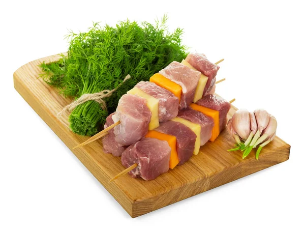 Skewers Slices Fresh Pork Vegetables Dill Garlic Board Isolated White — Stock Photo, Image