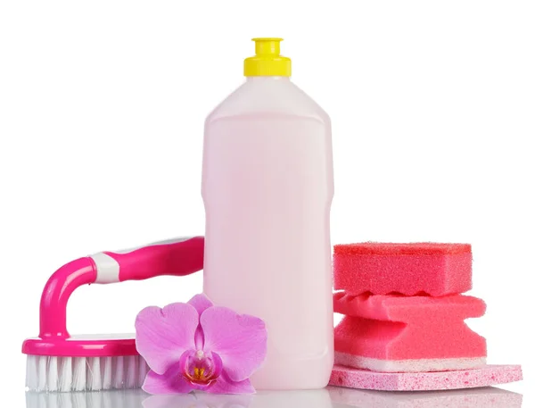 Rosa Plastikflasche Mit Reiniger Reinigungsschwämmen Und Bürste Isoliert Auf Weißem — Stockfoto