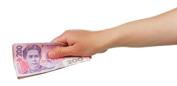 Oekraïense Geld 200 Hryvnia Een Vrouwelijke Hand Geïsoleerd Witte Achtergrond — Stockfoto