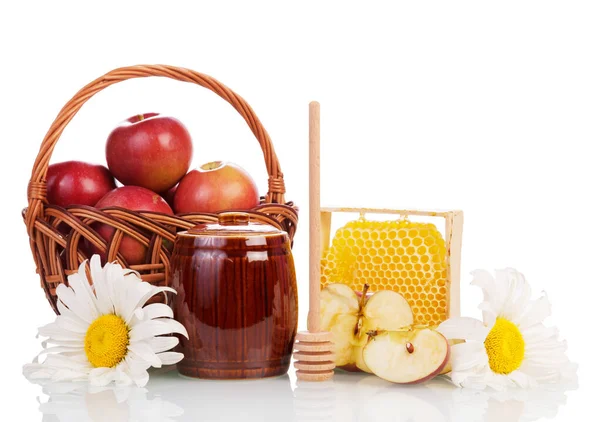 Basket Red Apples Honey Comb Keg Ladle Isolated White Background — Stock Photo, Image