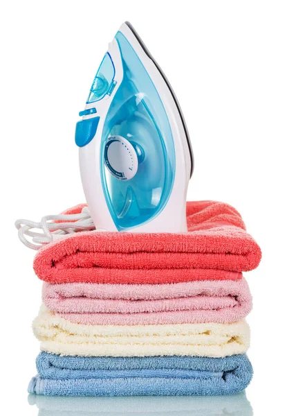 Modern Steam Iron Stack Towels Isolated White Background — Stock Photo, Image
