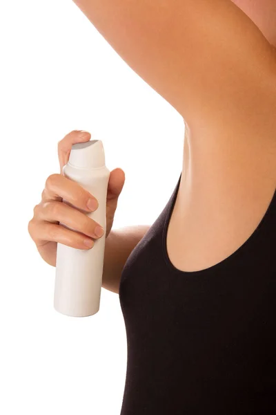 Niet Geïdentificeerde Vrouw Die Deodorant Aanbrengt Oksel Geïsoleerd Witte Achtergrond — Stockfoto