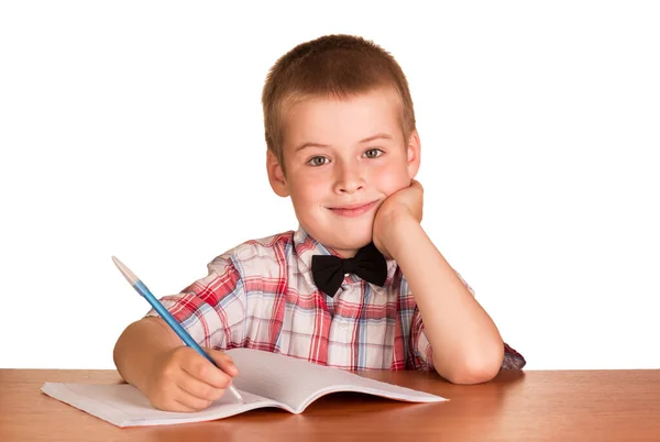 Fröhlicher Junge Mit Einem Stift Der Hand Sitzt Einem Schreibtisch — Stockfoto