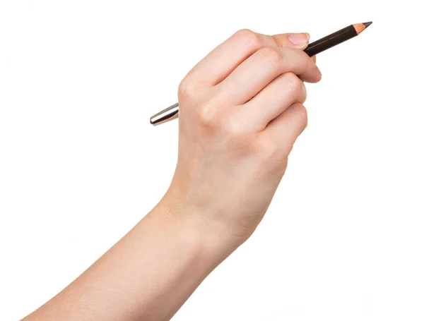 Czarny Makijaż Ołówka Kobiecej Dłoni Odizolowany Białym Tle — Zdjęcie stockowe
