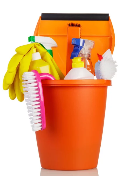 Plastic Bucket Cleaning Agents Brushes Gloves Isolated White Background — Stock Photo, Image
