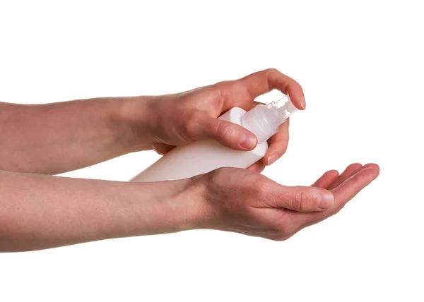 Hand Treatment Sanitizer Closeup Isolated White Background — Stock Photo, Image