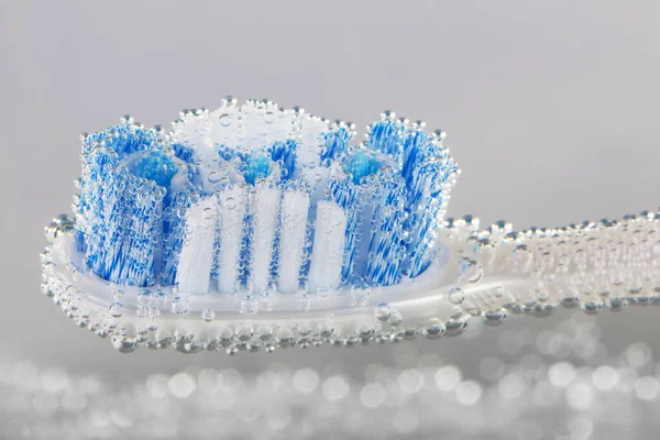 Macro Close Toothbrush Air Bubbles Conceptual Photo Refreshing Oral Cleanliness — Stock Photo, Image