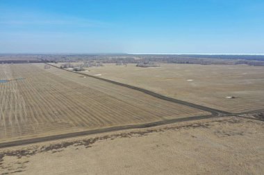 Tarlada kuru otlar. Yukarıdan manzara, bahar, nisan. Güneşli bir gün. Novosibirsk bölgesi, Rusya.