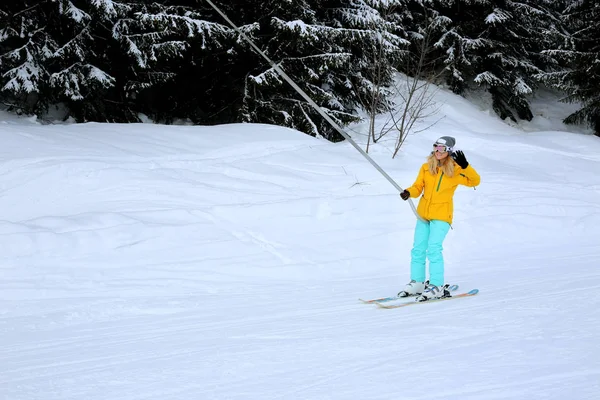 Happy Stylish Skier Girl Taking Ski Lift Stick Waving Snowy — Stock Photo, Image