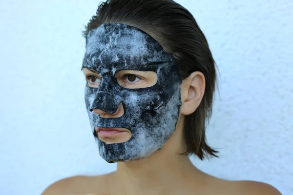 Bubble Oxygen Charcoal Black Mask Face Treatment Popular Sheet Face — Stock Photo, Image