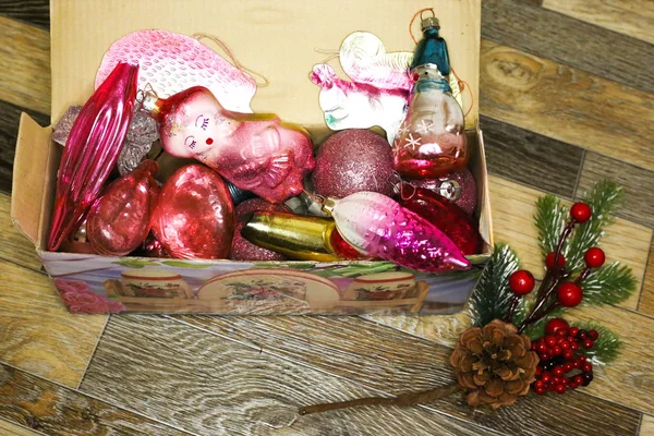 Vintage Old Christmas Toys Laying Box — Stock Photo, Image