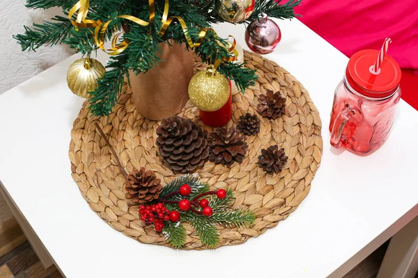 Christmas Decorations Pine Cones Rustic Style White Table Small Christmas — Stock Photo, Image