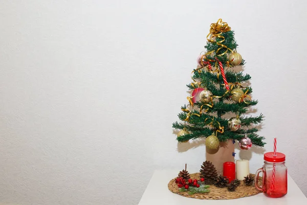 Christmas Interior Bedroom White Table Small Christmas Tree — Stock Photo, Image