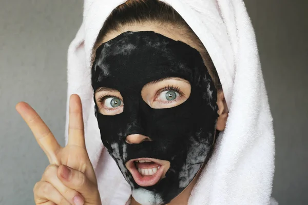 Black Charcoal Face Mask Beautiful Young Woman Black Carbonated Mask — Stock Photo, Image