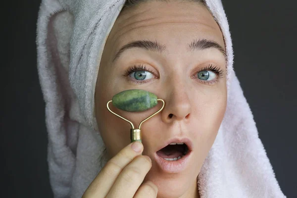 Woman Making Face Massage Green Jade Roller Beauty Tools Derma — Stock Photo, Image