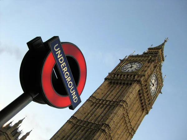 Plan Angle Bas Big Ben Londres Panneau Signalisation — Photo