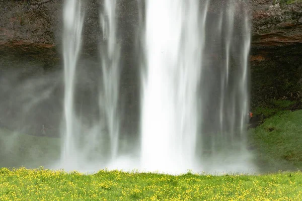 Знімок Водоспаду Тече Скелі Посеред Зелених Пейзажів — стокове фото