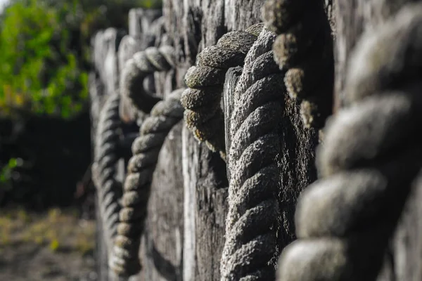 Closeup tiro de linhas de cordas grandes penduradas em uma cerca de madeira — Fotografia de Stock
