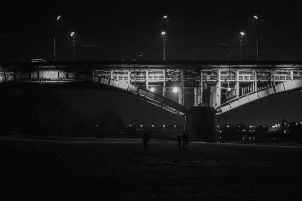Szary kadr ludzi przechodzących przez i pod mostem w mieście — Zdjęcie stockowe