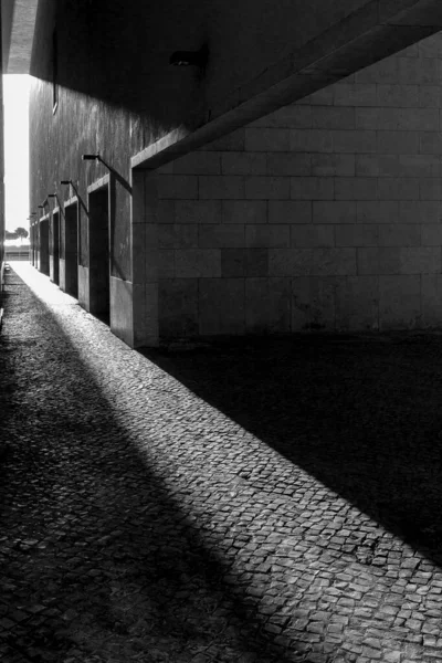 Μια Κάθετη Γκρι Εικόνα Του Ήλιου Που Λάμπει Στο Πεζοδρόμιο — Φωτογραφία Αρχείου