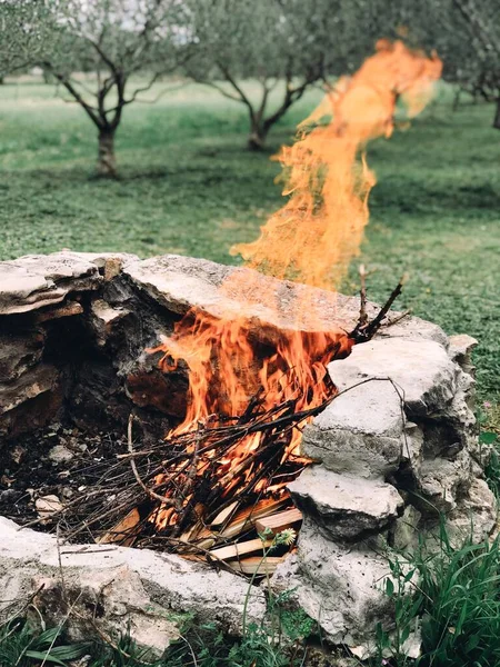 Ormanın Ortasında Bir Taş Kırıcının Içinde Yanan Bir Ateşin Dikey — Stok fotoğraf