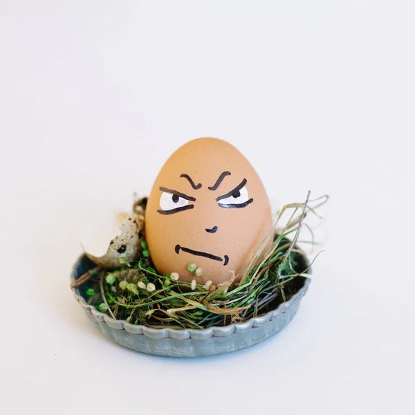 Beyaz Arka Planda Küçük Bir Tabakta Yumurtanın Üzerinde Kızgın Bir — Stok fotoğraf
