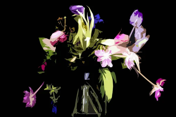 Abbildung von bunten Blumen in einer Vase auf schwarzem Hintergrund — Stockfoto