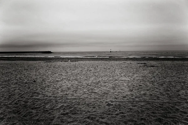 A gray scale shot of a beautiful sandy beach and the ocean