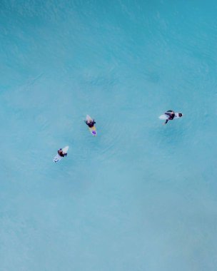 Vertical high angle shot of three surfers swimming in the pure ocean clipart