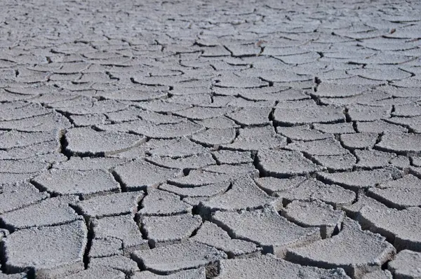 Colpo in scala di grigi ad alto angolo di un terreno pietroso incrinato in un'area deserta — Foto Stock