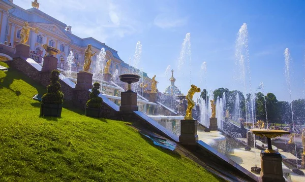 Удивительный дворец Петергоф с золотыми статуями и фонтанами в Санкт-Петербурге под ясным голубым небом — стоковое фото