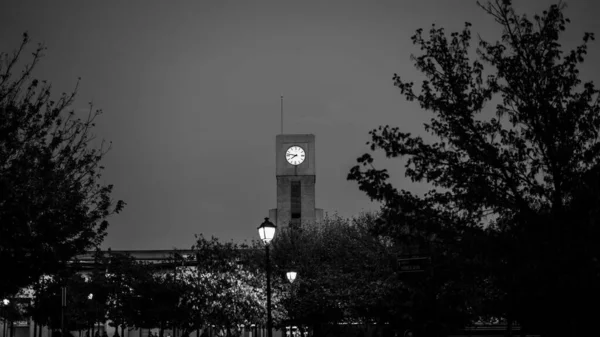 Hermosa imagen a escala de grises de una ciudad por la noche con una torre de reloj en el fondo — Foto de Stock